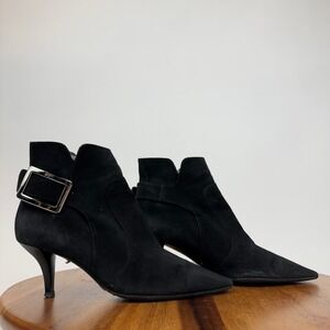 Womens Roger Vivier Black Suede Buckle Heeled Ankle Boots Booties Size 36 US 6 M